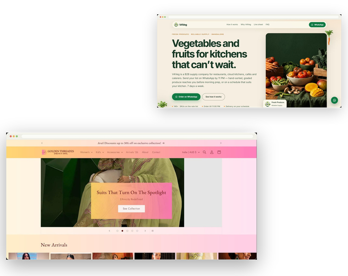 Two websites built by Hype It On — the Golden Threadzs Shopify storefront and the V4Veg B2B produce supply site, shown in browser windows